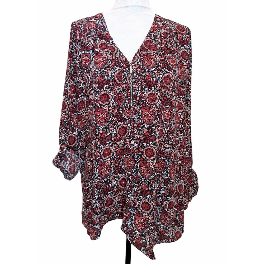 New Fall Blouse Top Shirt Quarter Zip Roll Sleeve Mandala Print Medallion Sz M